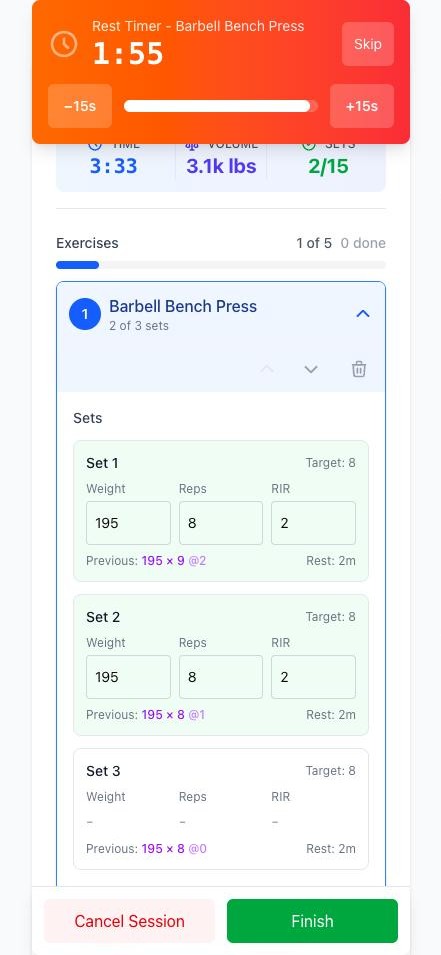 Logging a set in RackMate with the rest timer running